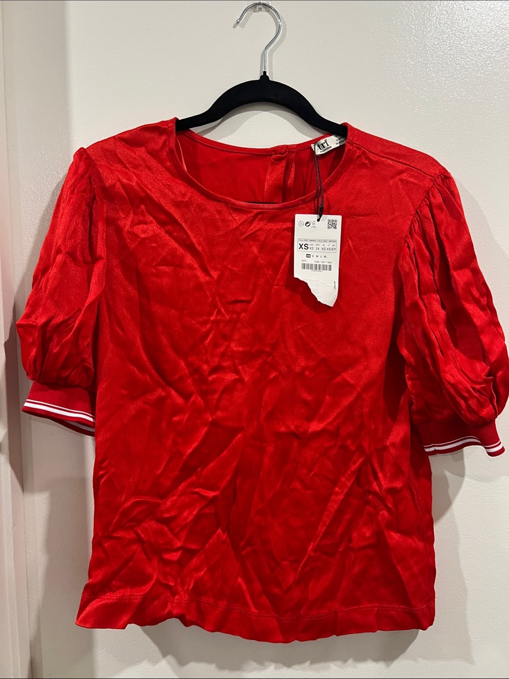 Zara Red Puff Sleeve Blouse with Striped Sleeve Trim Size XS